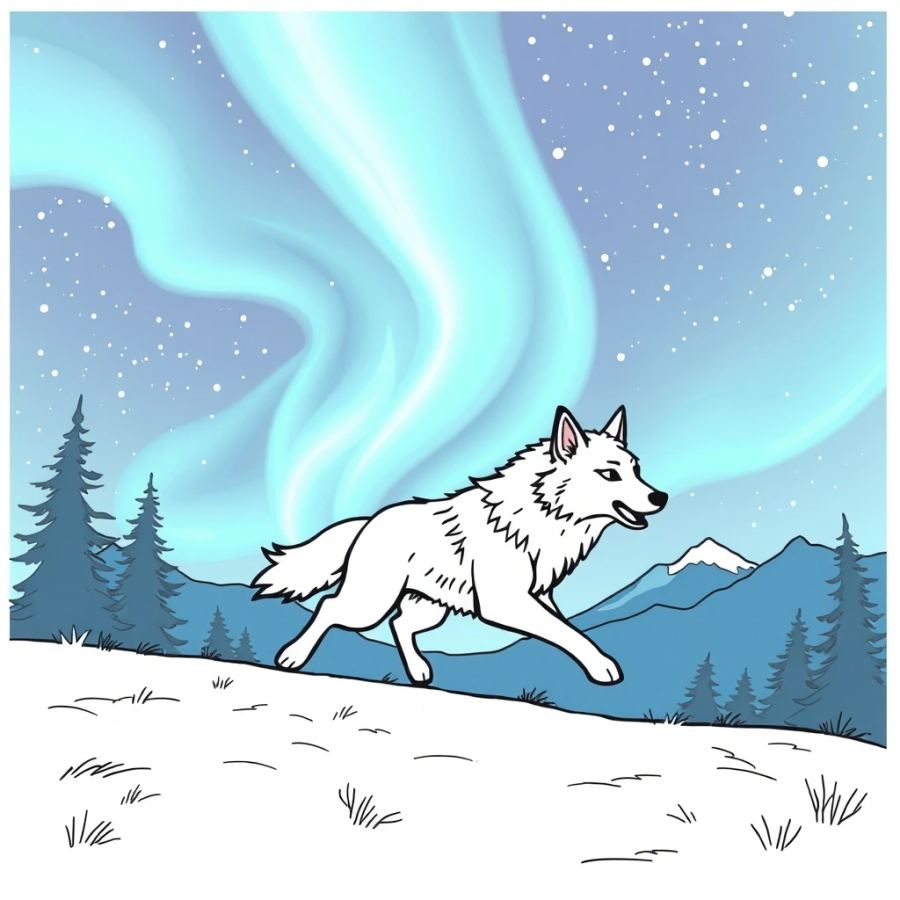 Wolf Running Beneath The Shimmering Northern Lights Coloring Page