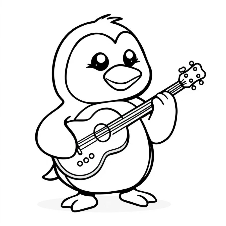 Penguin Strumming Guitar Coloring Page