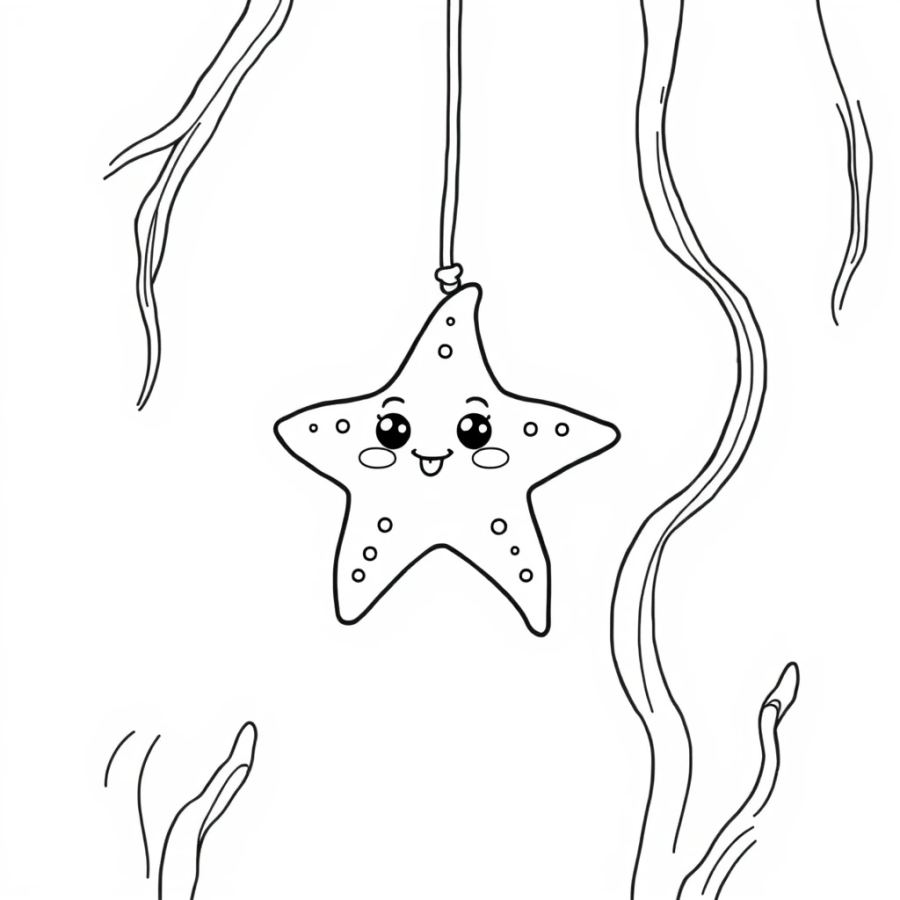 Starfish Hanging Onto A Swinging Kelp Vine Coloring Page