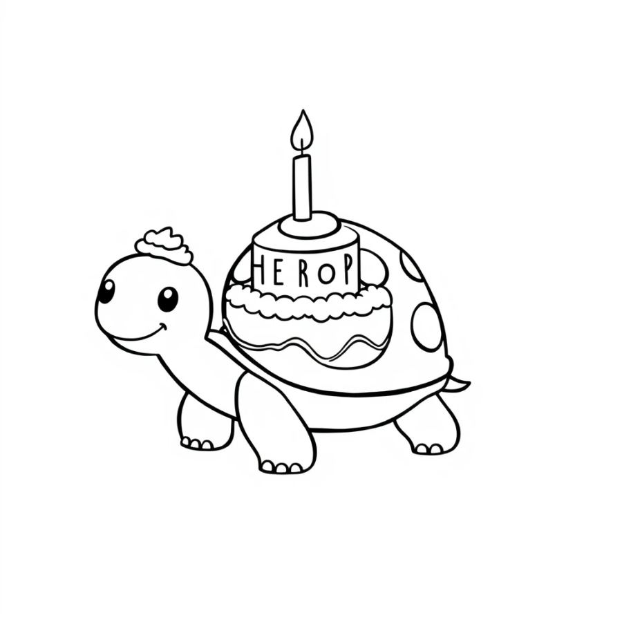 Birthday Turtle With Cake Coloring Page