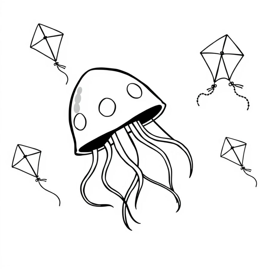 Jellyfish Printed On A Kids Kites Flying In The Sky Coloring Page
