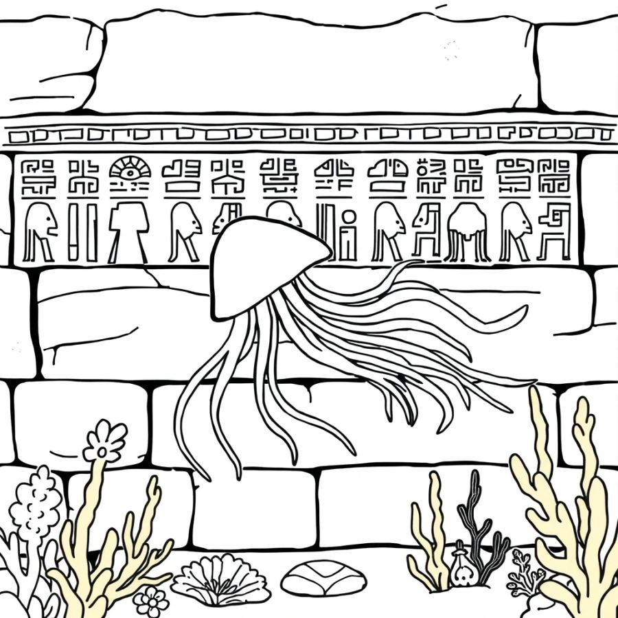 Jellyfish Drifting Past Ancient Hieroglyphics On An Underwater Wall Coloring Page
