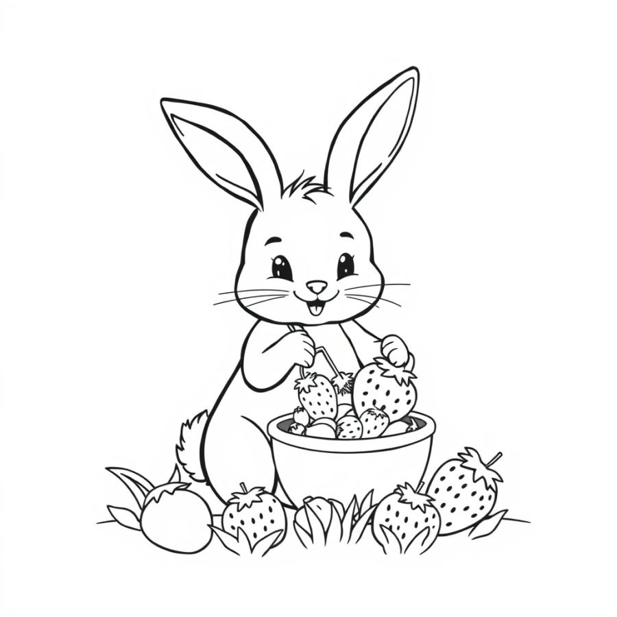 Bunny Dipping Strawberries Coloring Page