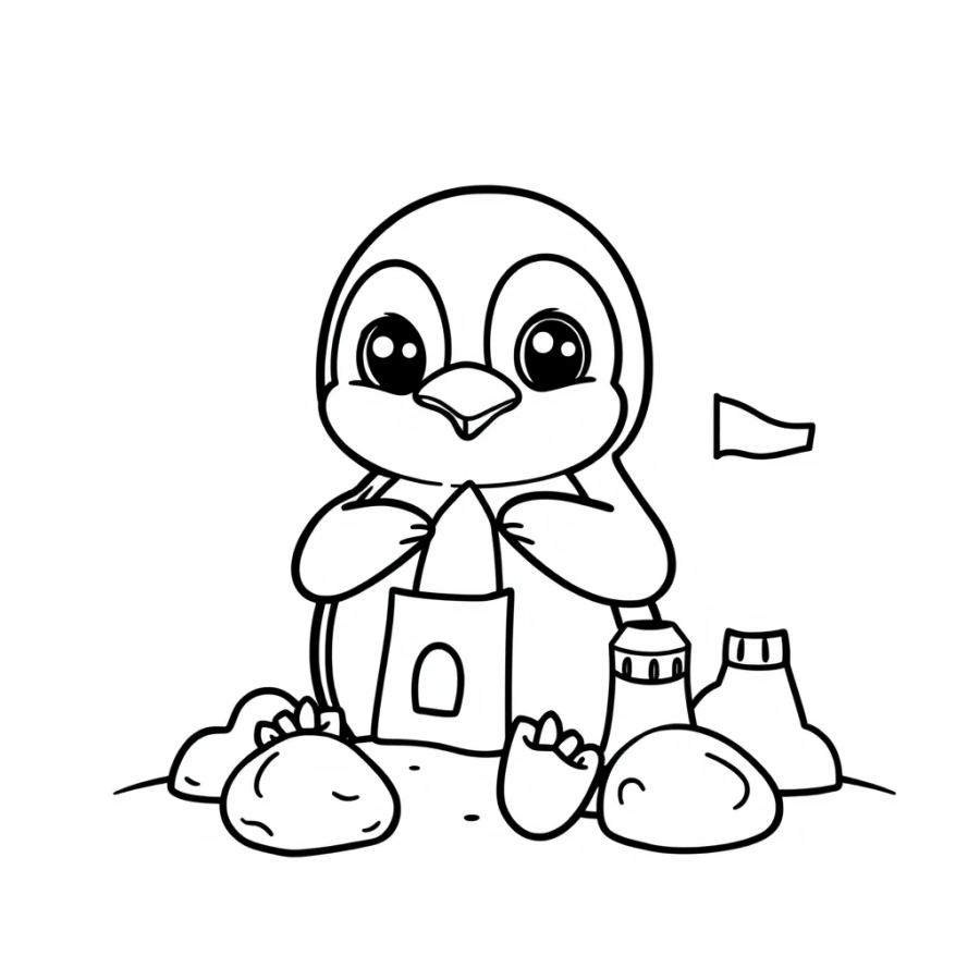 Penguin Building Sandcastle Coloring Page