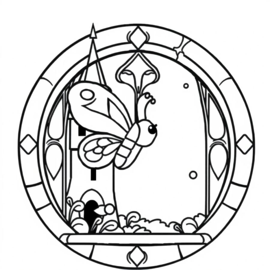 Butterfly Flying Through A Castle Stained-Glass Window Coloring Page