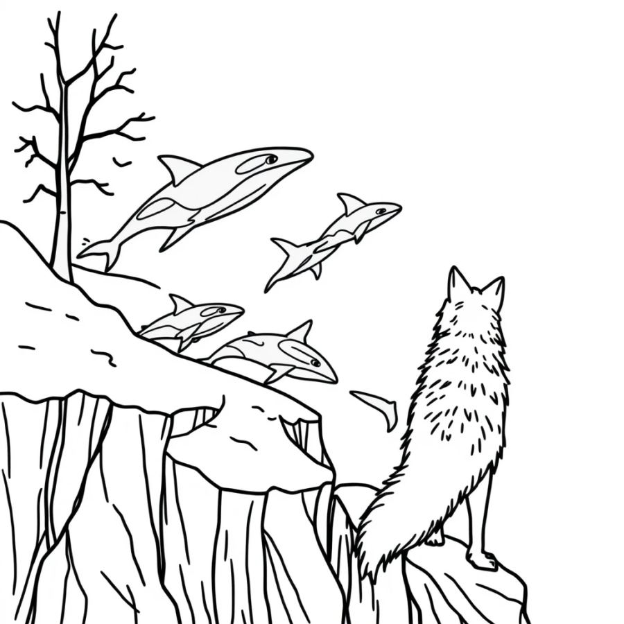 Wolf Watching A Pod Of Orcas From A Snowy Cliff Coloring Page