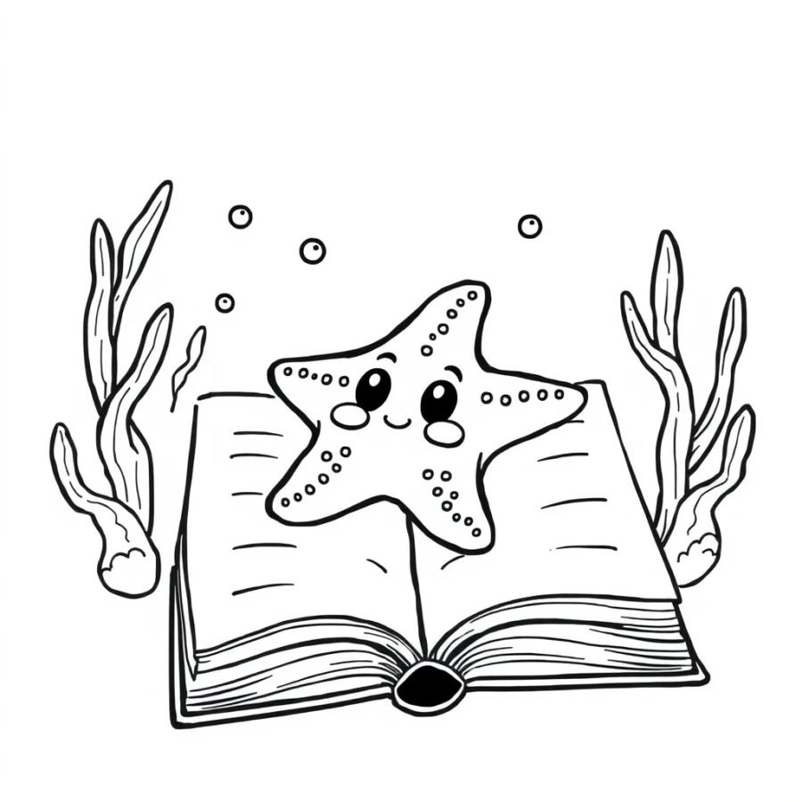 Starfish Resting On The Open Page Of A Sunken Storybook Coloring Page