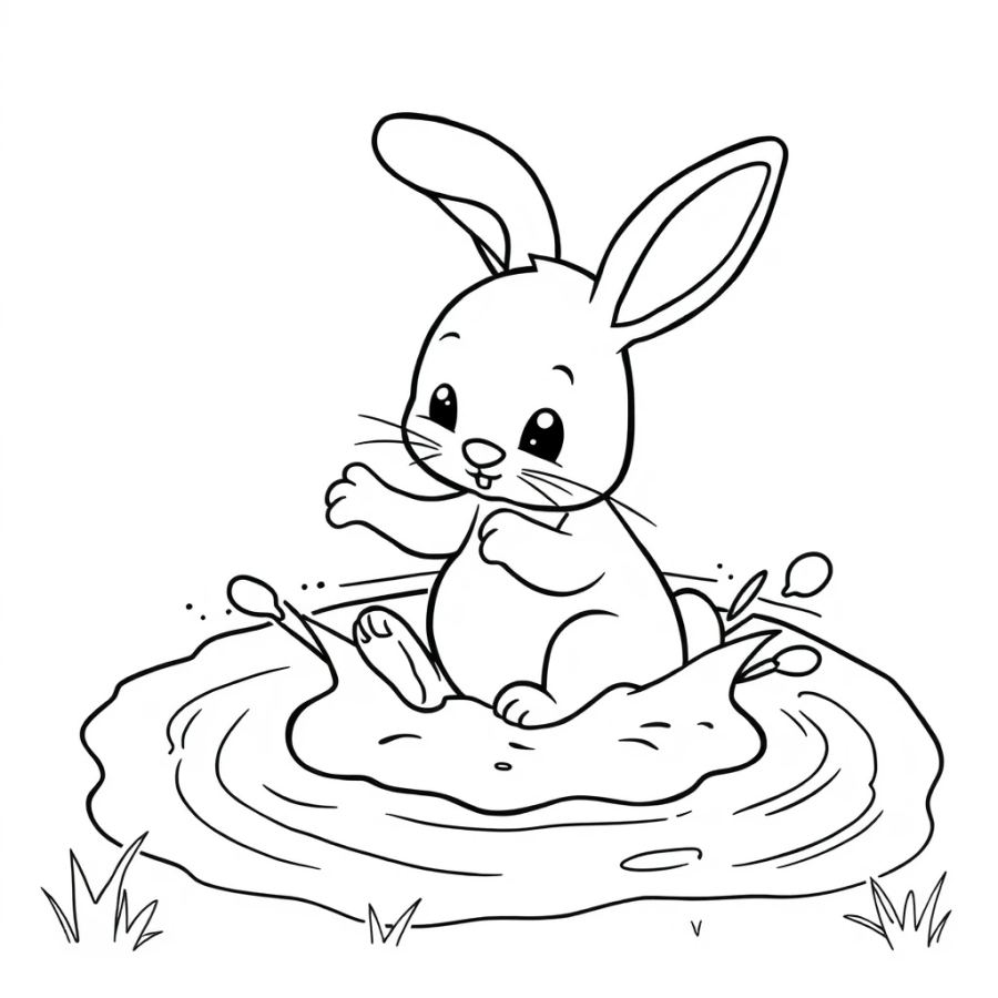 Bunny Splashing In Mud Puddles Coloring Page