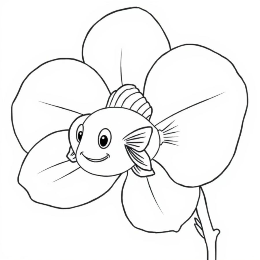 Angelfish Resting Inside A Massive Blooming Orchid Flower Coloring Page