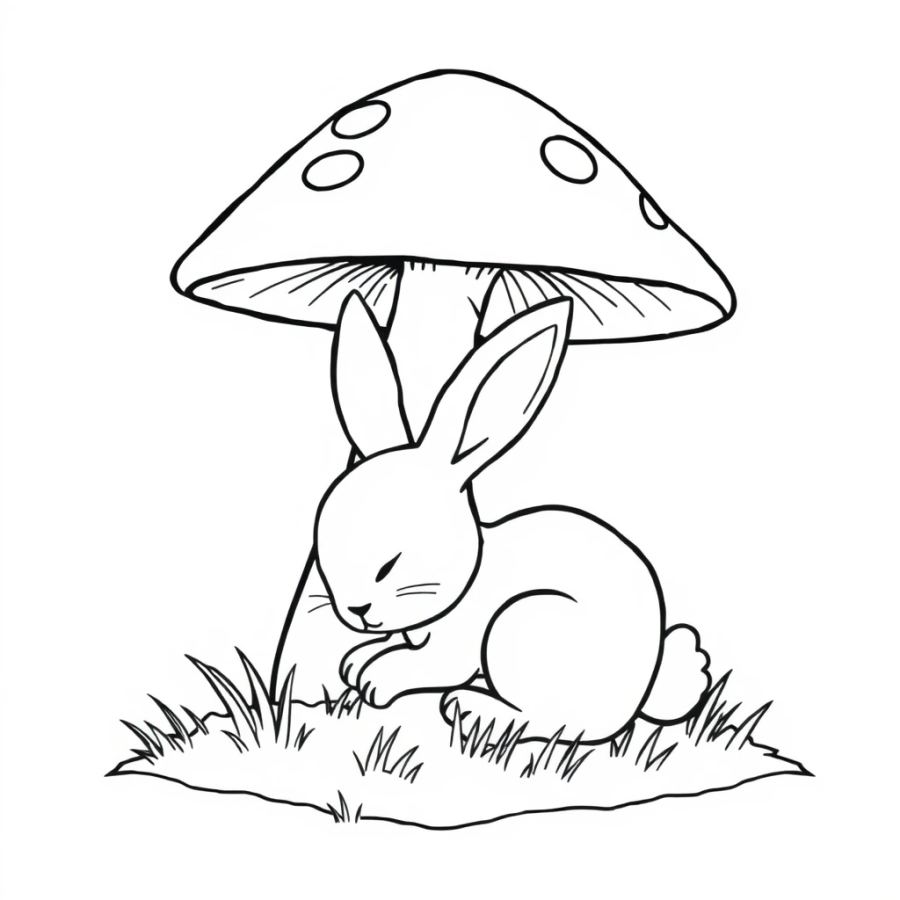 Bunny Napping Under A Mushroom Coloring Page