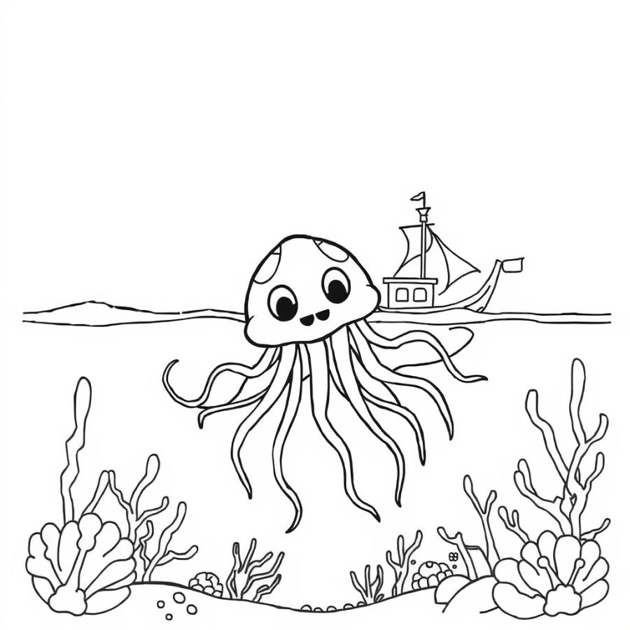Jellyfish Floating Past A Sunken Ghost Ship Coloring Page
