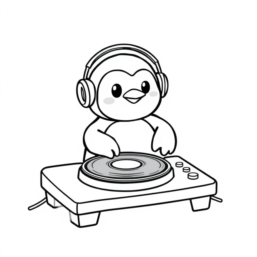 Penguin Dj At Turntable Coloring Page