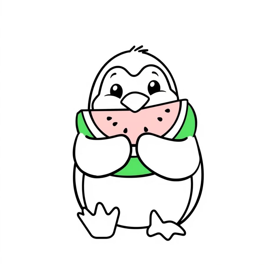 Penguin Eating Watermelon Coloring Page
