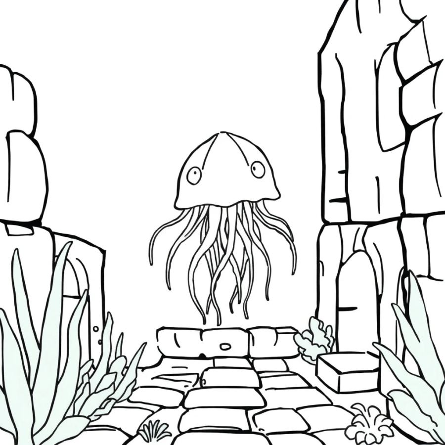 Jellyfish Floating Over A Crumbling Stone Courtyard Coloring Page