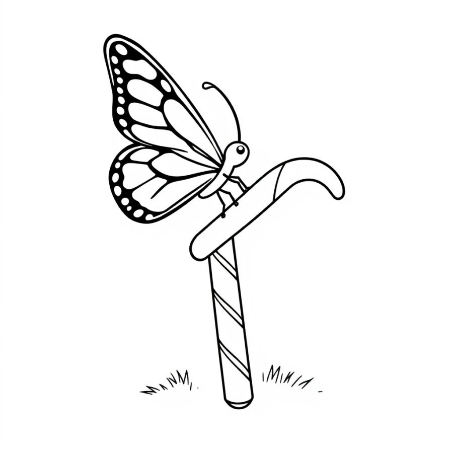 Butterfly Balancing On A Candy Cane Coloring Page