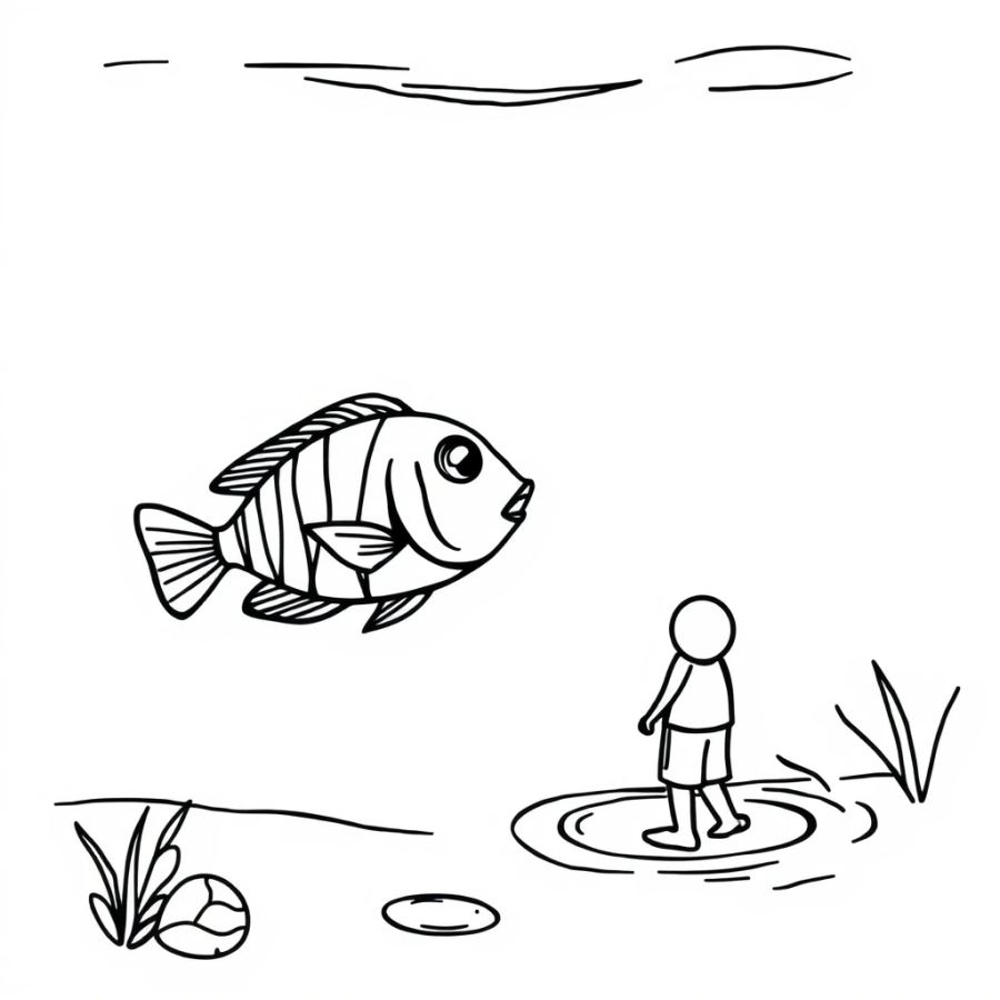 Tropical Fish Looking Up At A Person Wading In The Water Coloring Page