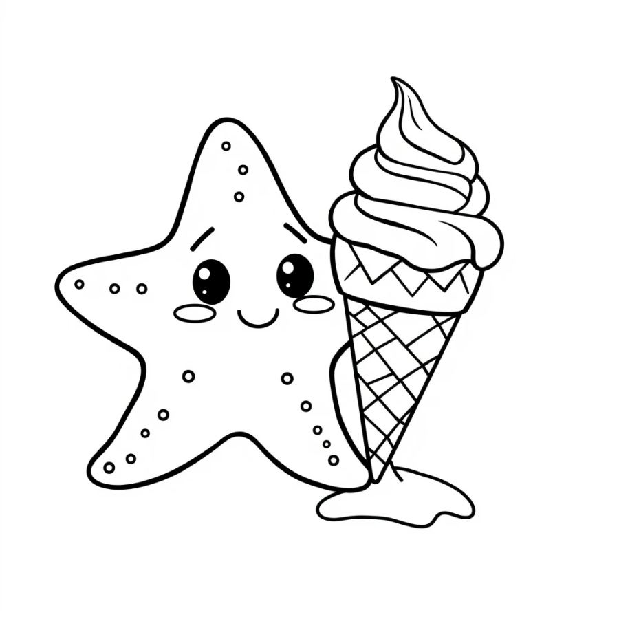 Starfish Next To A Kids Melting Ice Cream Cone Coloring Page