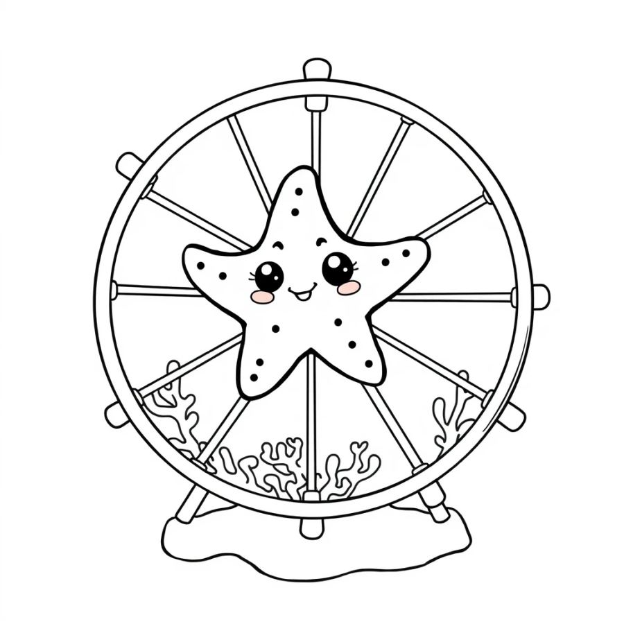 Starfish Riding A Spinning Ferris Wheel Made Of Coral Coloring Page