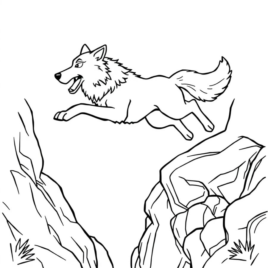 Wolf Leaping Across A Rocky Ravine Coloring Page