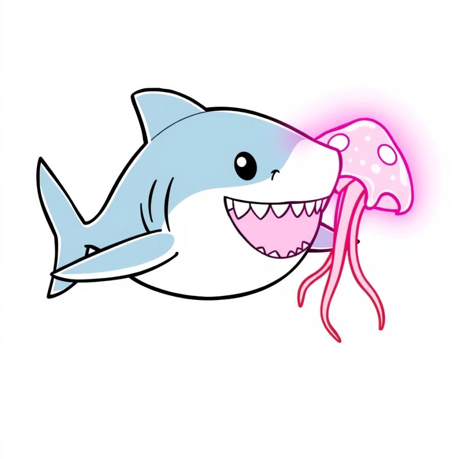 Shark Illuminated By Glowing Neon Jellyfish Coloring Page