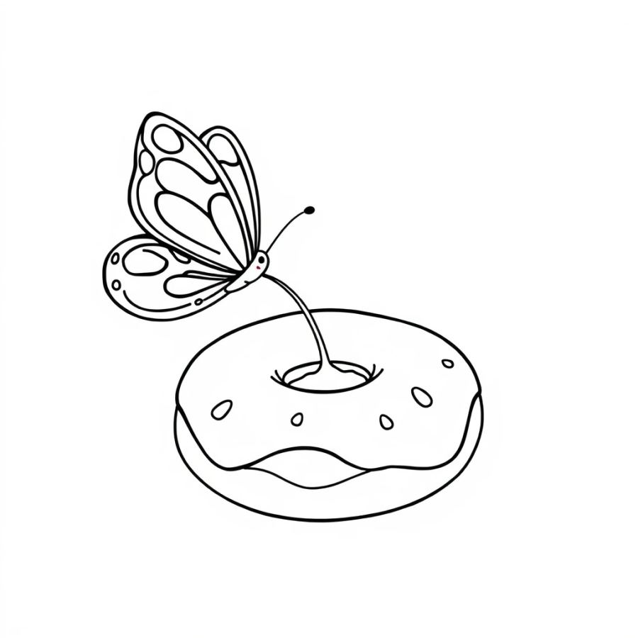 Butterfly Dusting Sugar On A Donut Coloring Page