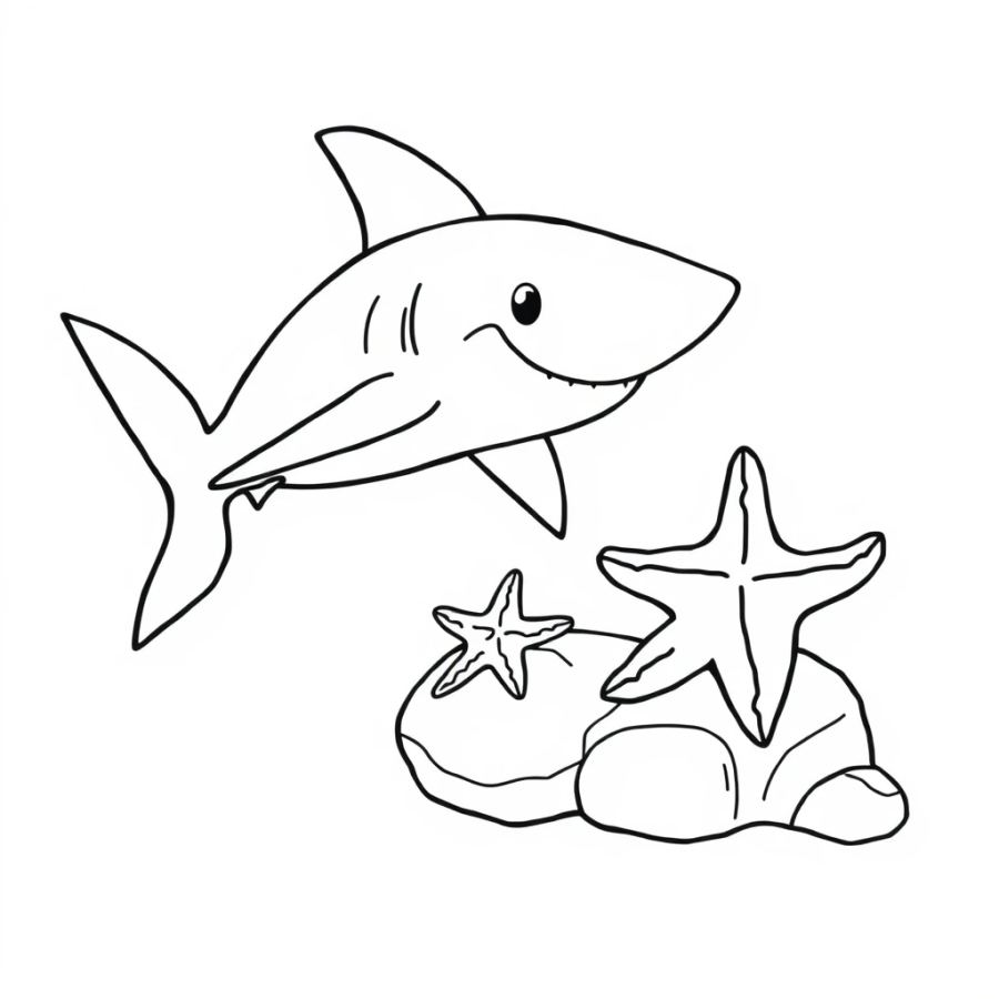 Shark Watching A Starfish Crawl Along A Rock Coloring Page