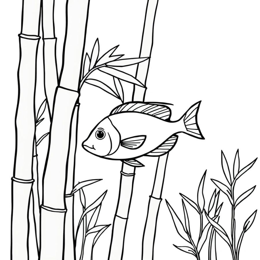 Tropical Fish Darting Between Stalks Of Underwater Bamboo Coloring Page