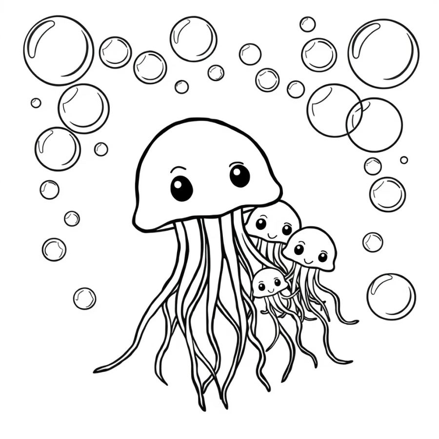 Jellyfish Family Drifting Through A Bath Time Bubble Explosion Coloring Page