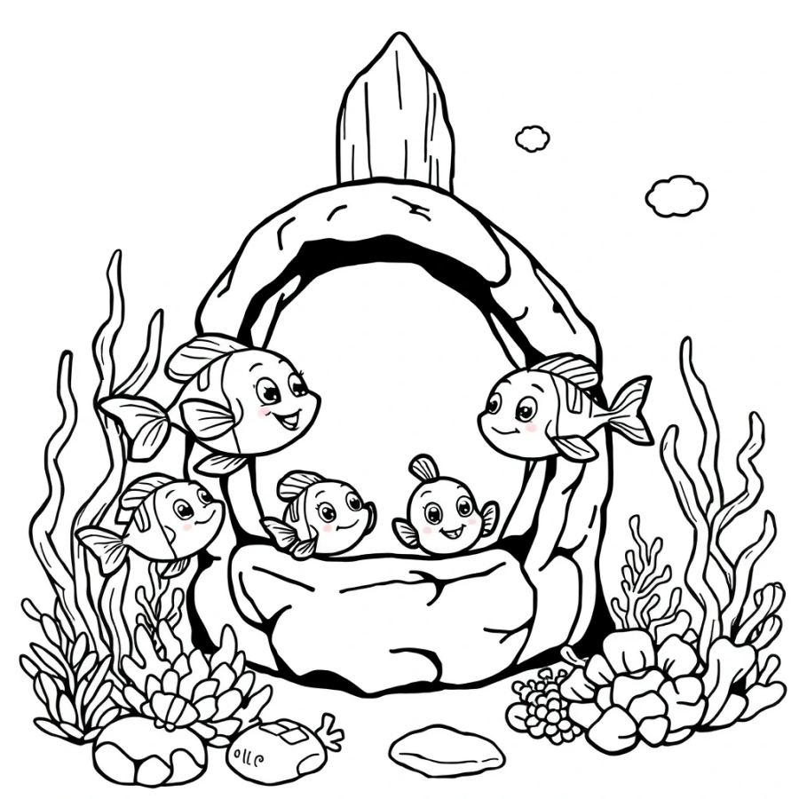 Tropical Fish Family Exploring A Sunken Stone Totem Coloring Page