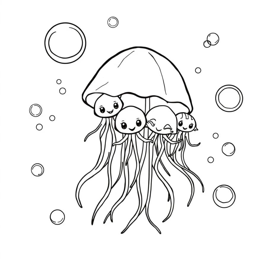 Jellyfish Family Floating Among Floating Bubblegum Bubbles Coloring Page