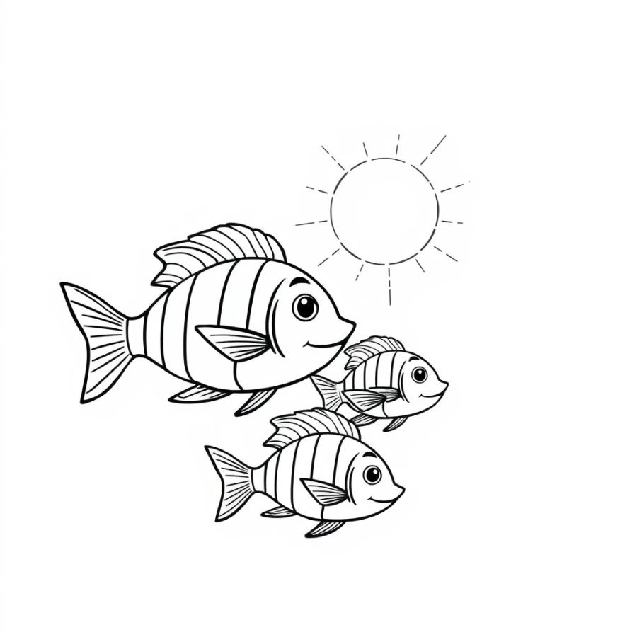Tropical Fish Family Swimming Toward A Bright Midday Sun Glare Coloring Page