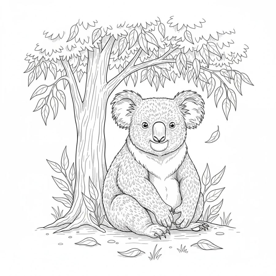 Koala Peacefully Sitting Under A Tree Coloring Page