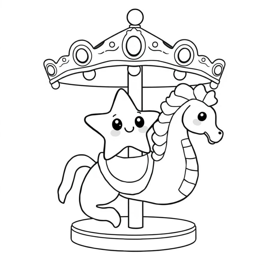 Starfish Riding A Seahorse Carousel Coloring Page