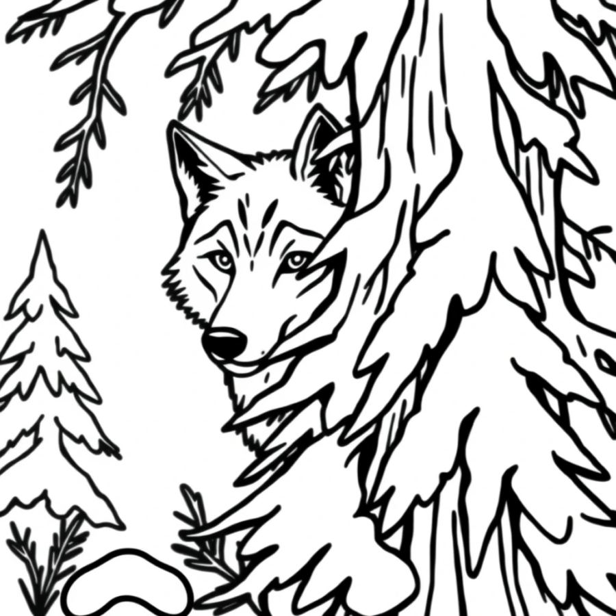 Wolf Peering Out From Behind A Frozen Pine Tree Coloring Page