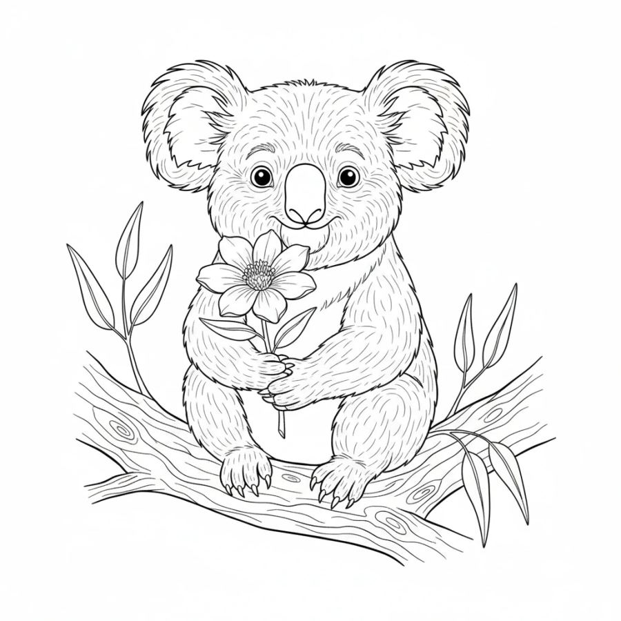 Koala Smiling With A Flower Coloring Page