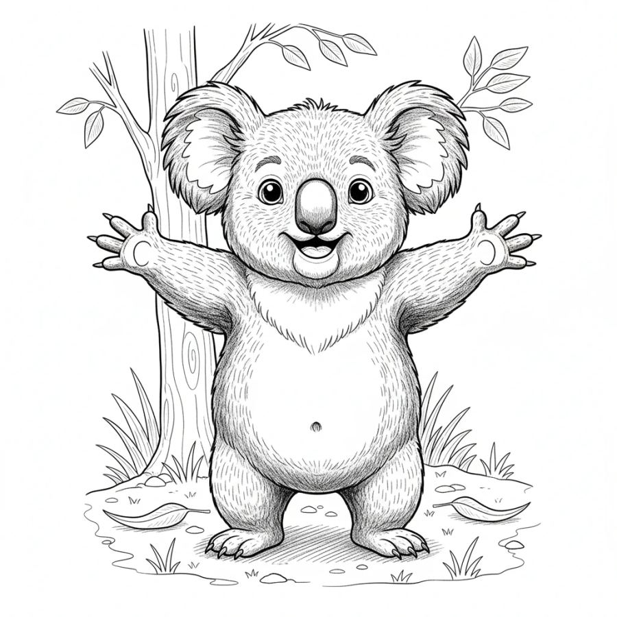 Koala Standing With Arms Open (Hug Pose) Coloring Page