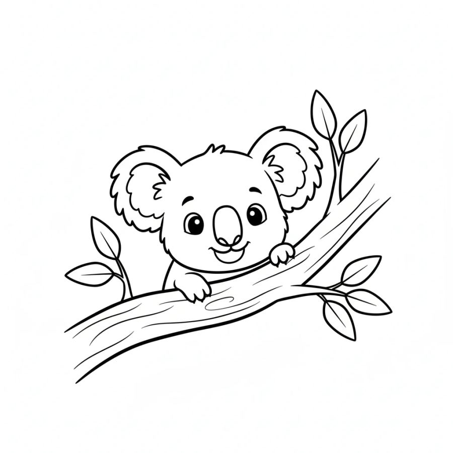 Baby Koala Peeking From Behind Branch Coloring Page