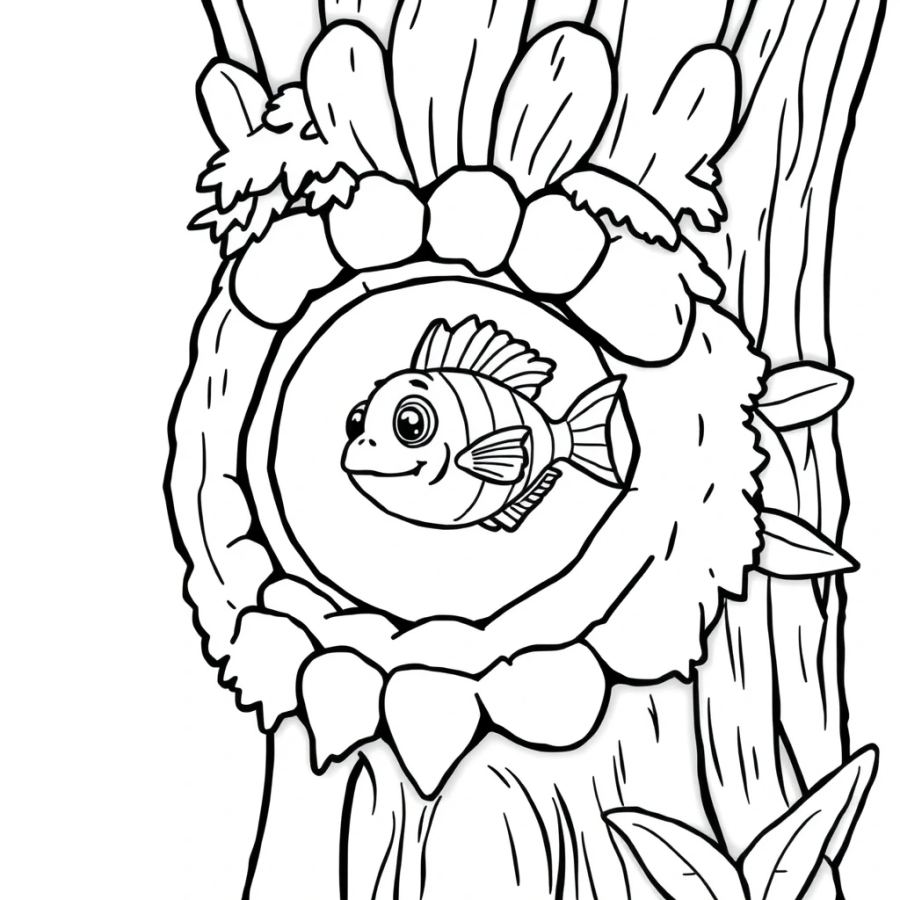 Tropical Fish Swimming Through The Eye Of A Mossy Tiki Statue Coloring Page