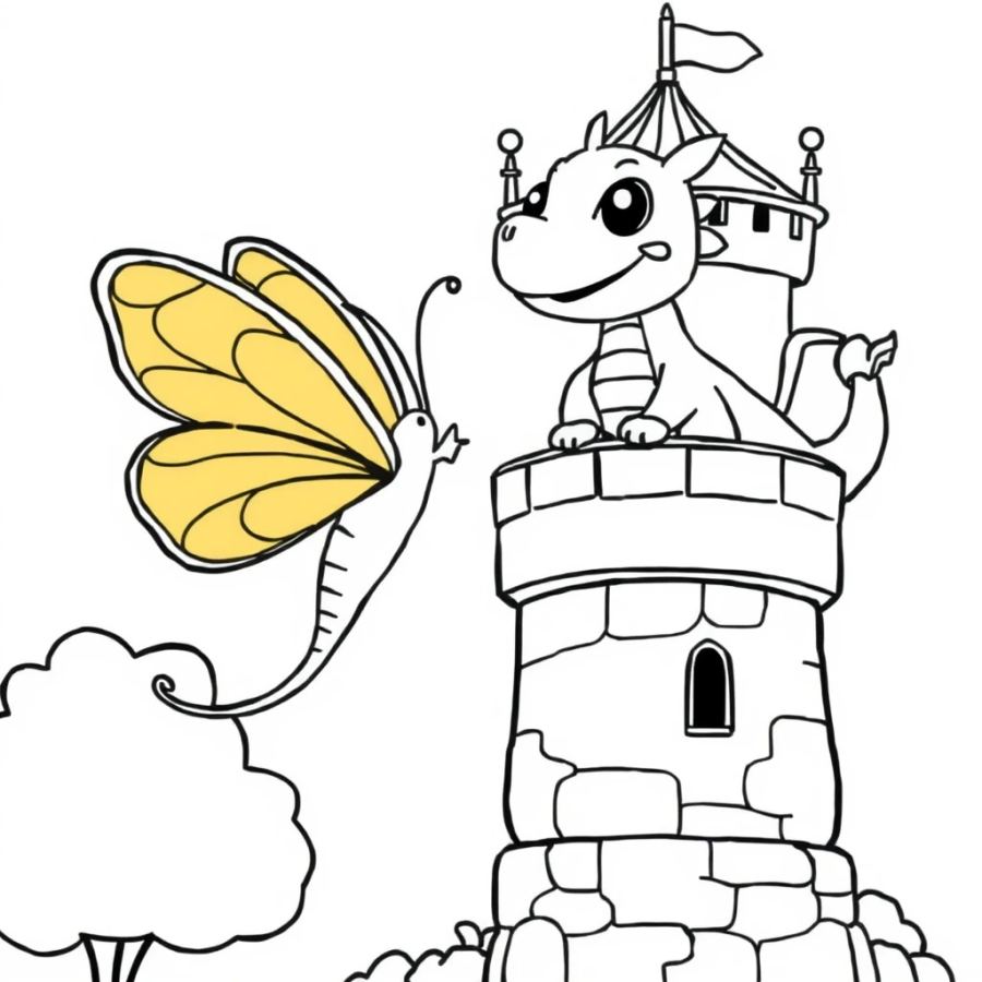Butterfly Greeting A Friendly Dragon On A Tower Coloring Page