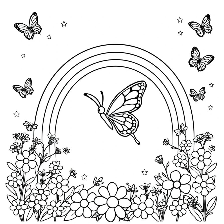 Butterfly Flying Through A Double Rainbow Coloring Page