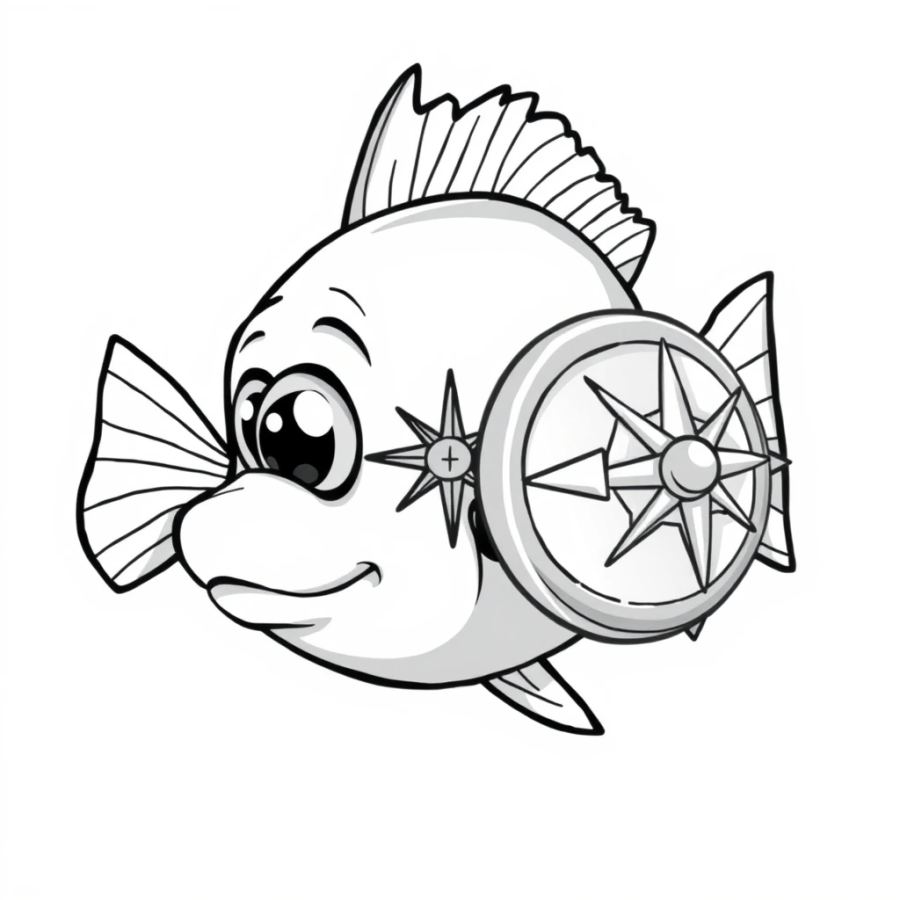 Tropical Fish Inspecting A Shiny Silver Compass Coloring Page
