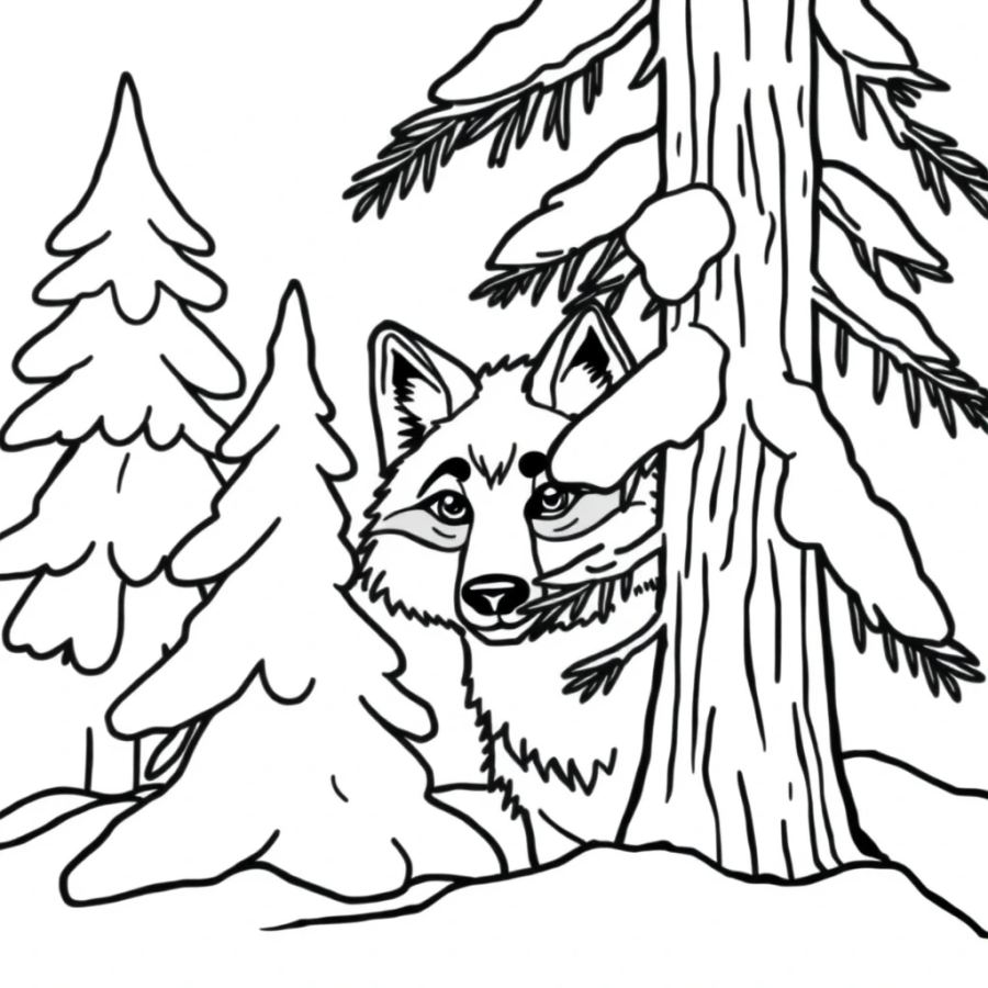 Wolf Peering Out From Behind A Frozen Pine Tree Coloring Page