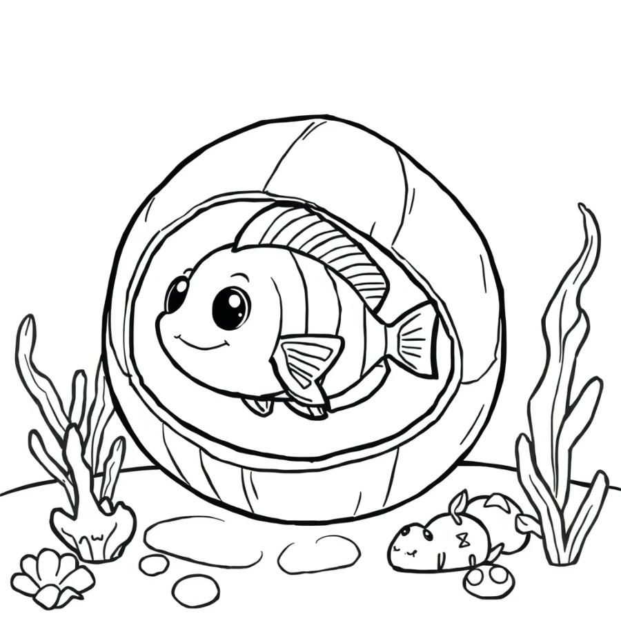 Tropical Fish Finding Shelter Under A Large Coconut Shell On The Sea Floor Coloring Page