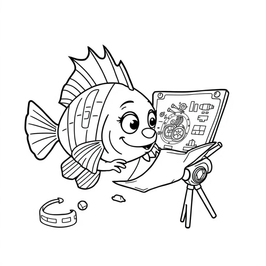 Angelfish Studying A Blueprint Of A Time Machine Coloring Page