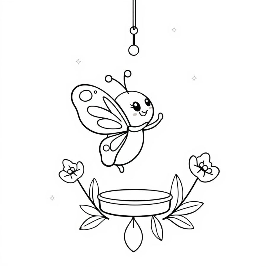Butterfly Dancing Around A Wind Chime Coloring Page