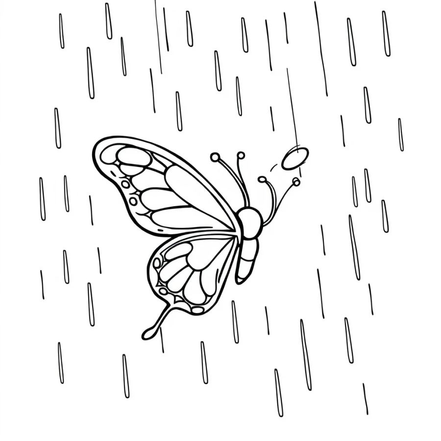 Butterfly Dodging Heavy Raindrops Coloring Page