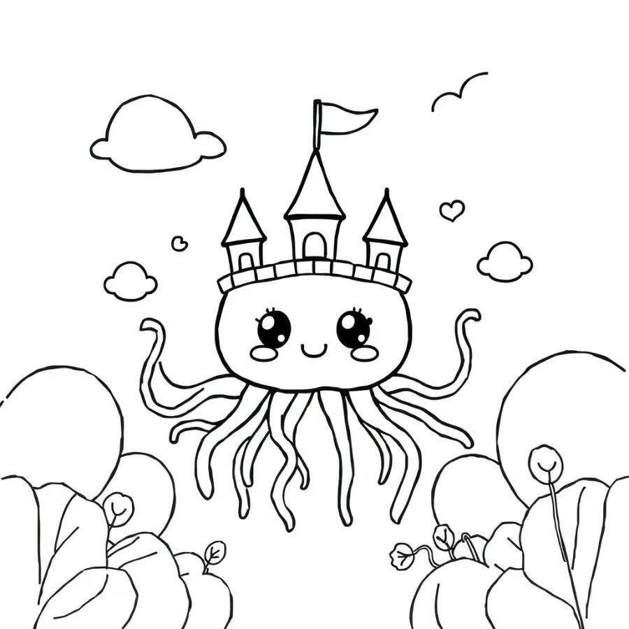 Jellyfish Floating Around A Floating Marshmallow Castle Coloring Page
