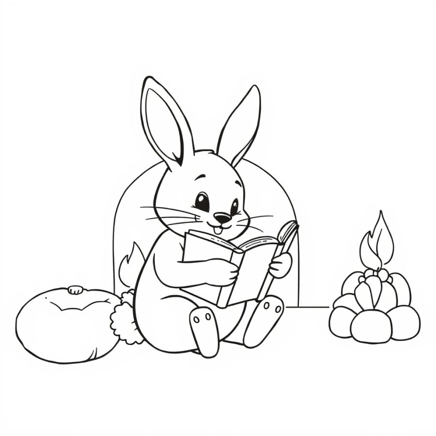 Bunny Reading A Book By The Fireplace Coloring Page