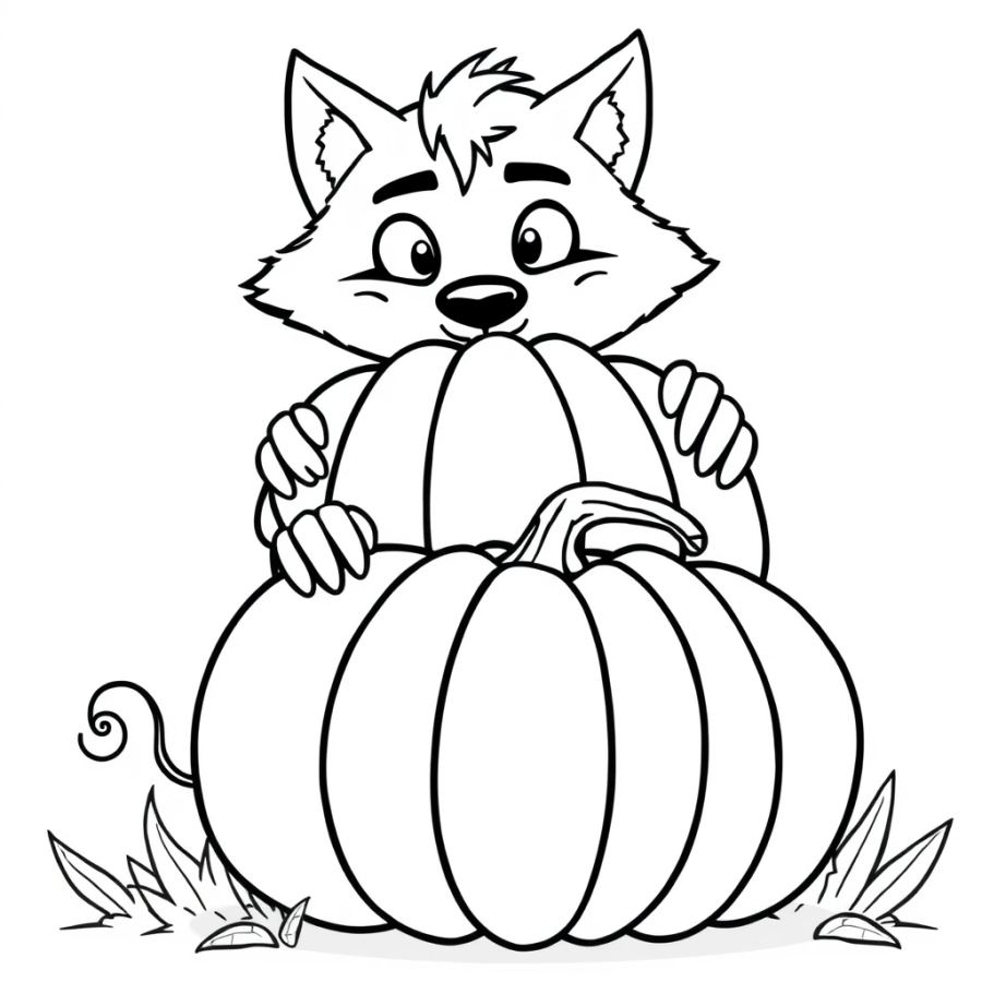 Wolf Hiding Behind A Giant Pumpkin Coloring Page