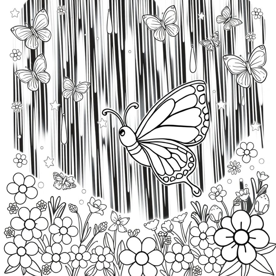 Butterfly Dodging Heavy Raindrops Coloring Page